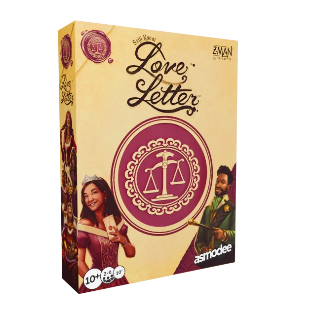 La boîte du jeu Love Letter, en crème et bordeaux, ornée d’un sceau et des personnages de la cour.