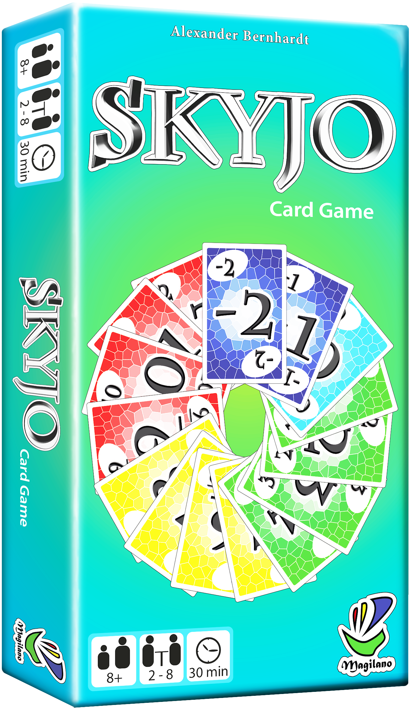 La boîte du jeu Skyjo, verte et turquoise, avec son éventail de cartes multicolores.
